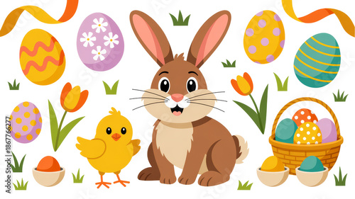 Joyful bunny and cheerful chick celebrate springtime with colorful eggs in a lively garden