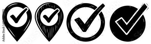 Grunge style check mark symbols in circles and map pins