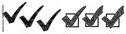 Set of scribbled check marks and tick boxes sketched with marker