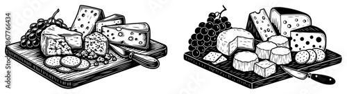 Assortment of cheese and grapes on wooden board sketch