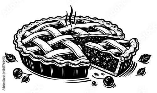 Freshly baked cherry pie with lattice crust and steam in vintage style