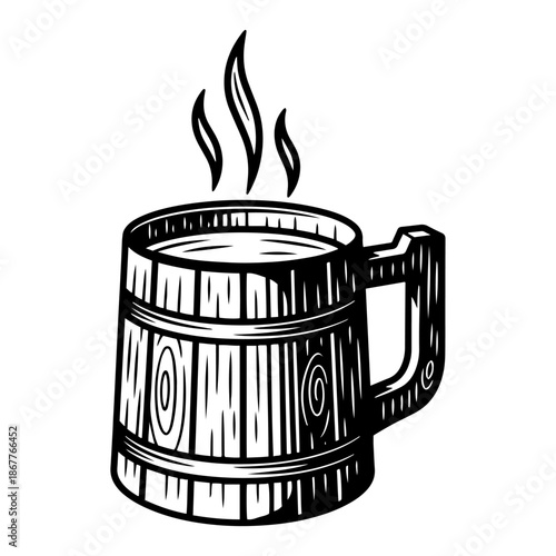 Wooden tankard or mug with rising steam in engraved vintage style