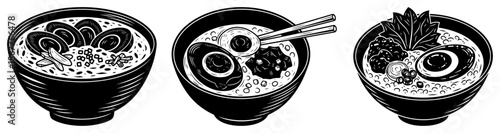 Three bowls of hot asian ramen noodle soup with chopsticks