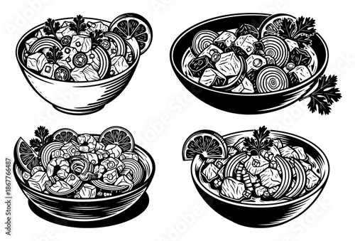 Set of fresh seafood ceviche salad bowls with lime slices