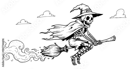 Skeleton witch flying on a magic broomstick in the sky