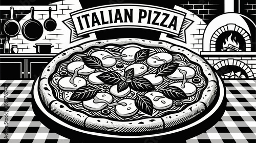 Italian pizza with cheese, basil, and olive oil Black and white vector illustration, presented in clean line art style for menus and food branding