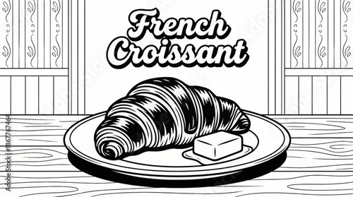 classic French croissant served with butter, representing European breakfast culture and bakery traditions Monochrome vector illustration