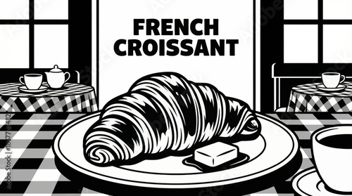 classic French croissant served with butter, representing European breakfast culture and bakery traditions Monochrome vector illustration