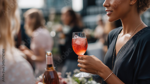 Faceless girls hands talking drinking cocktail holding bottle open air party rooftop friendship fun communication concept social gathering defocused outdoor background with