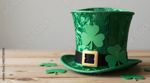 Festive st patrick's day decoration with green hat on a wooden table