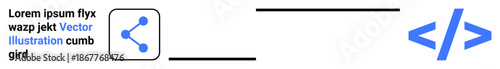 Workflow automation, tech networking, data integration, coding symbols, digital connectivity, web development. Simple outlined icons including a share symbol and code brackets. Workflow automation