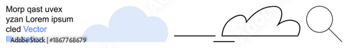 Data analysis, digital search, cloud computing, storage solutions, information technology, connectivity. Minimal cloud shape with magnifying glass lines. Data analysis and digital search symbols