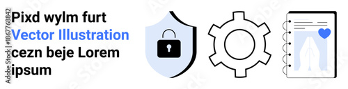 Lock on shield for protection, gear showing process, and notebook representing planning. Ideal for security, technology, productivity, organization, innovation, management simple landing page
