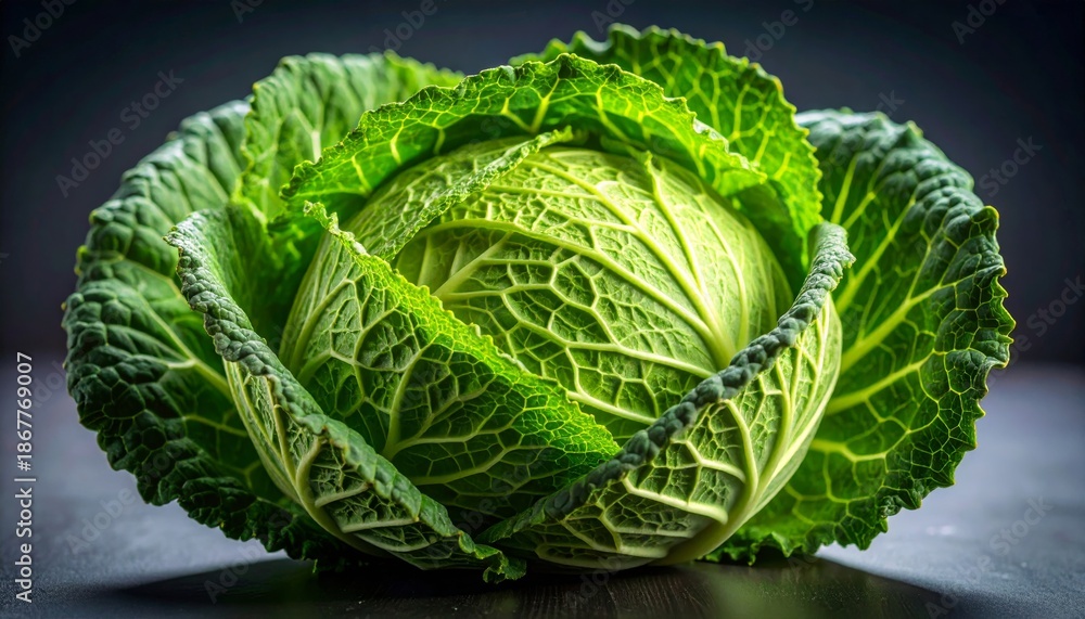 Obraz premium Sculptural Savoy Cabbage with Luminous, Textured Leaves on a Dark Surface
