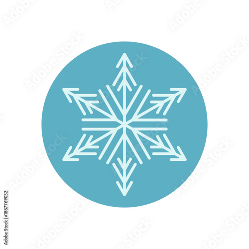 Blue snowflake outline sticker ornament with icy element and chill circle shape. Winter holiday decoration on a cool blue background, xmas package seal in cold season style.