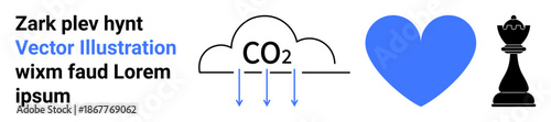 Environmental conservation, love, strategic thinking, eco-awareness, relationships, game strategy. A blue heart, CO2 cloud with arrows and chess king on a white background. Environmental