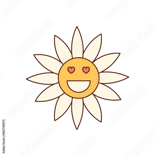 Groovy flower with happy face and heart eyes in retro cartoon graphic style. Yellow sunshine and smile add y2k charm as a cheerful icon. Positive groovy element cute symbol for playful visual