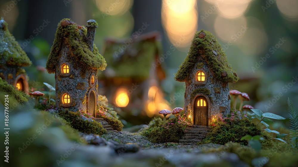 Fototapeta premium 3D miniature fairy-tale forest cottages, magical lighting with soft sun rays, moss and flowers details