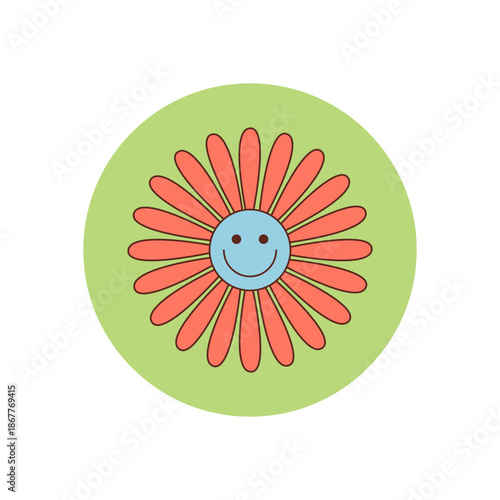 Groovy retro smiley flower sticker badge in green and orange circle with y2k daisy as label and seal accent. Cute package lid perfect as cheerful element for badge sticker use.