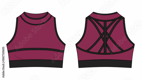 Women's Strappy Back Sports Bra Top - High Support Crop Top Activewear Fashion Flat Technical Drawing Illustration