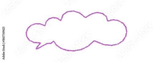 Crayon hand drawn cloud speech bubble in round outline, organic pastel style. Conversation icon with rectangle accent, ideal for talk message template, banner element or graphic communication.