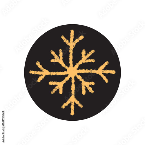 Crayon style snow flake symbol in yellow on a black circle sticker. Frosted decoration for winter holiday box or christmas element. Cold chill design for festive label and seasonal gift.