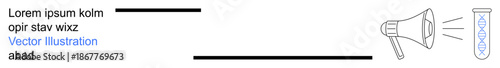 Science communication, biotechnology, research dissemination, genetics, innovation, awareness. A megaphone projecting sound waves next to a DNA strand. Science communication and biotechnology concept