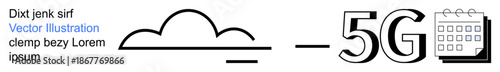 Cloud computing, 5G network, digital connectivity, telecommunications, speed optimization, online scheduling solutions. Black cloud, 5G text and calendar icon. Cloud computing and 5G concept