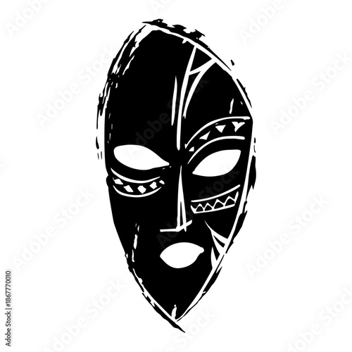 Tribal African mask vector illustration in black ink sketch style