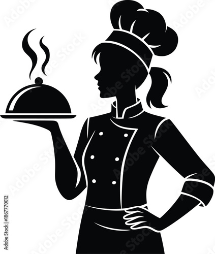 Female Chef Silhouette Holding a Serving Tray with Hot Food Dome Cloche