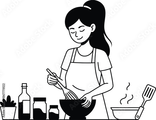 Happy Young Woman Cooking in Kitchen Preparing Healthy Meal Illustration