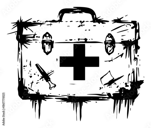 Grungy medical first aid kit briefcase silhouette with ink splatters