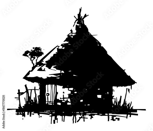 Hand drawn vector illustration of a primitive rural hut with thatched roof