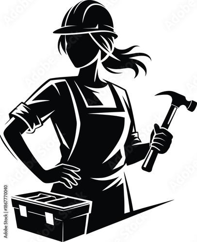Woman Construction Worker Silhouette with Hammer and Toolbox for Manual Labor Concept