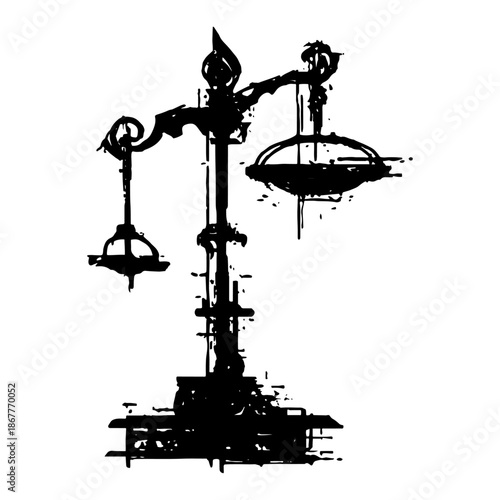 Vintage scales of justice illustration with heavy grunge texture and ink style