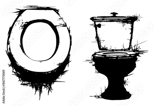 Ceramic toilet and seat set in artistic black and white ink splash style