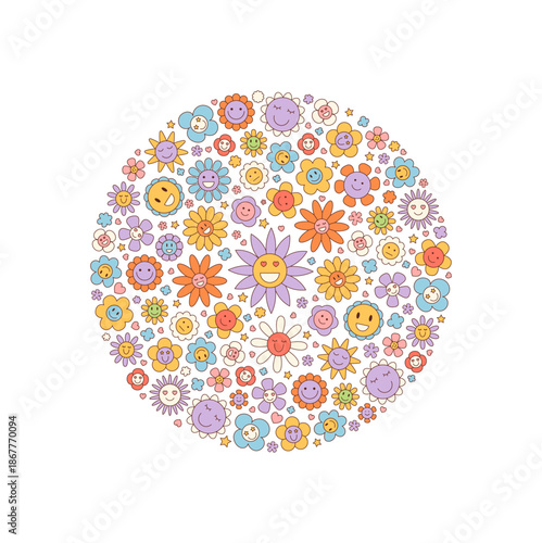 Groovy retro floral circle pattern with happy face and colorful flower in cute doodle. Smiling concepts, vibrant y2k background for cheerful and modern visuals.