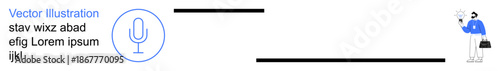 Voice recognition, communication tools, technology usage, digital assistants, AI support, smart tech. Microphone icon and a person holding a device. Voice recognition and technology usage concept