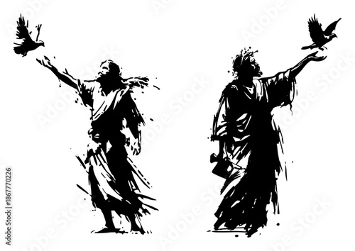 Spiritual vector illustration of a man with birds symbolizing peace and divinity