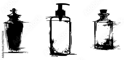 Vector illustration set of cosmetic bottles and soap dispensers in ink sketch style