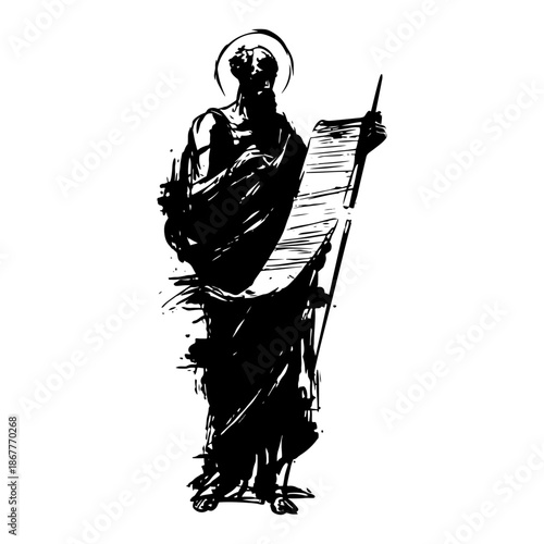 Vintage hand drawn saint figure with scroll in high contrast black ink style