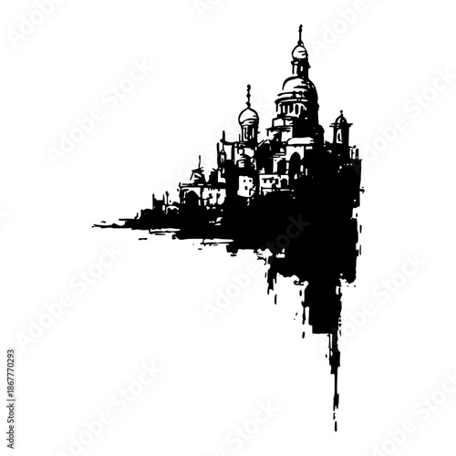 Artistic European cathedral building silhouette in black and white grunge style