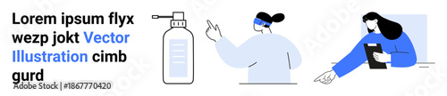 Healthcare, hygiene, teamwork, documentation, cleanliness, safety. Two stylized characters in blue and white interacting with a sanitizer and a clipboard. Hygiene and teamwork in a minimal flat style