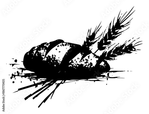 Black and white ink sketch vector illustration of bread loaf with wheat stalks