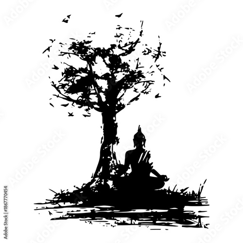 Spiritual ink drawing of Buddha meditating under a sacred tree
