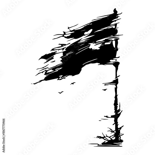 Ragged tattered flag waving on a pole in artistic black and white grunge style
