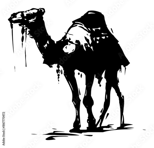 Artistic dromedary camel silhouette in black and white grunge ink stencil style