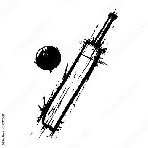 Cricket bat and ball sports equipment in expressive black and white ink splash style