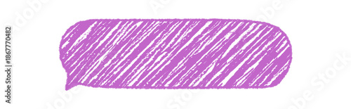 Organic chalk speech bubble sketch with diagonal scribble and rectangle shape. Speech textbox in purple, chat message and comment graphic, rough texture for communication art in hand drawn style.