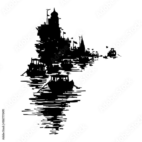Artistic ink sketch vector of an ancient riverside city with boats and water reflections